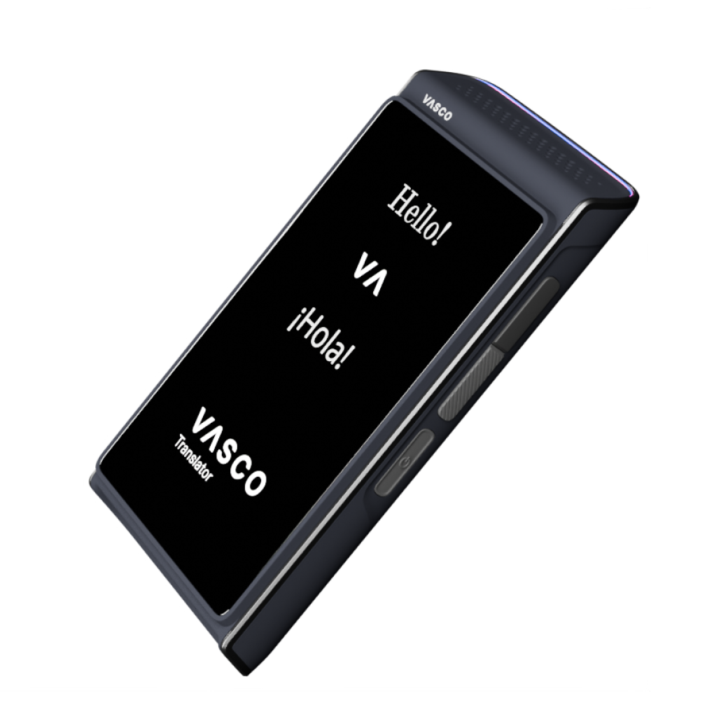 Dunkelgraues Vasco-Übersetzer-Gerät mit schwarzem Bildschirm, auf dem "Hello!", "VA" und "¡Hola!" steht.