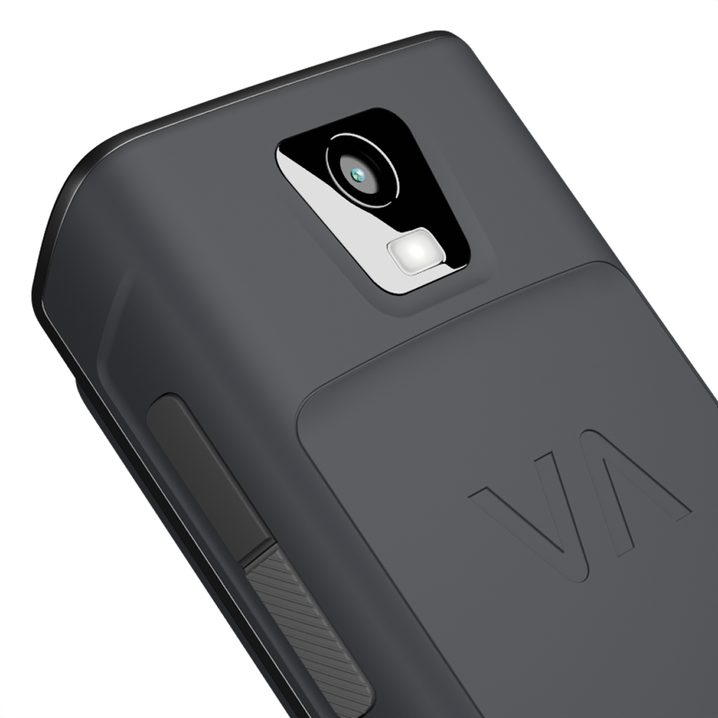 Dunkelgraues Smartphone-Rückenteil mit Kamera, Blitz und Logo.