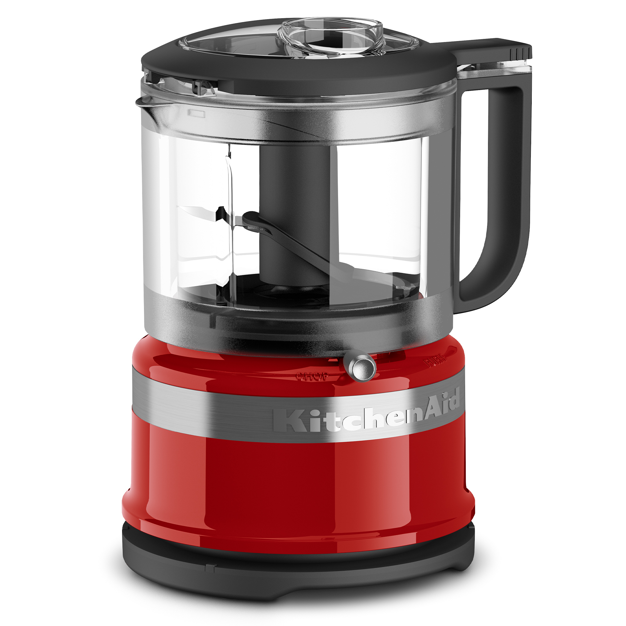 Ein roter KitchenAid Mini-Zerkleinerer mit transparentem Behälter und silbernen Akzenten.