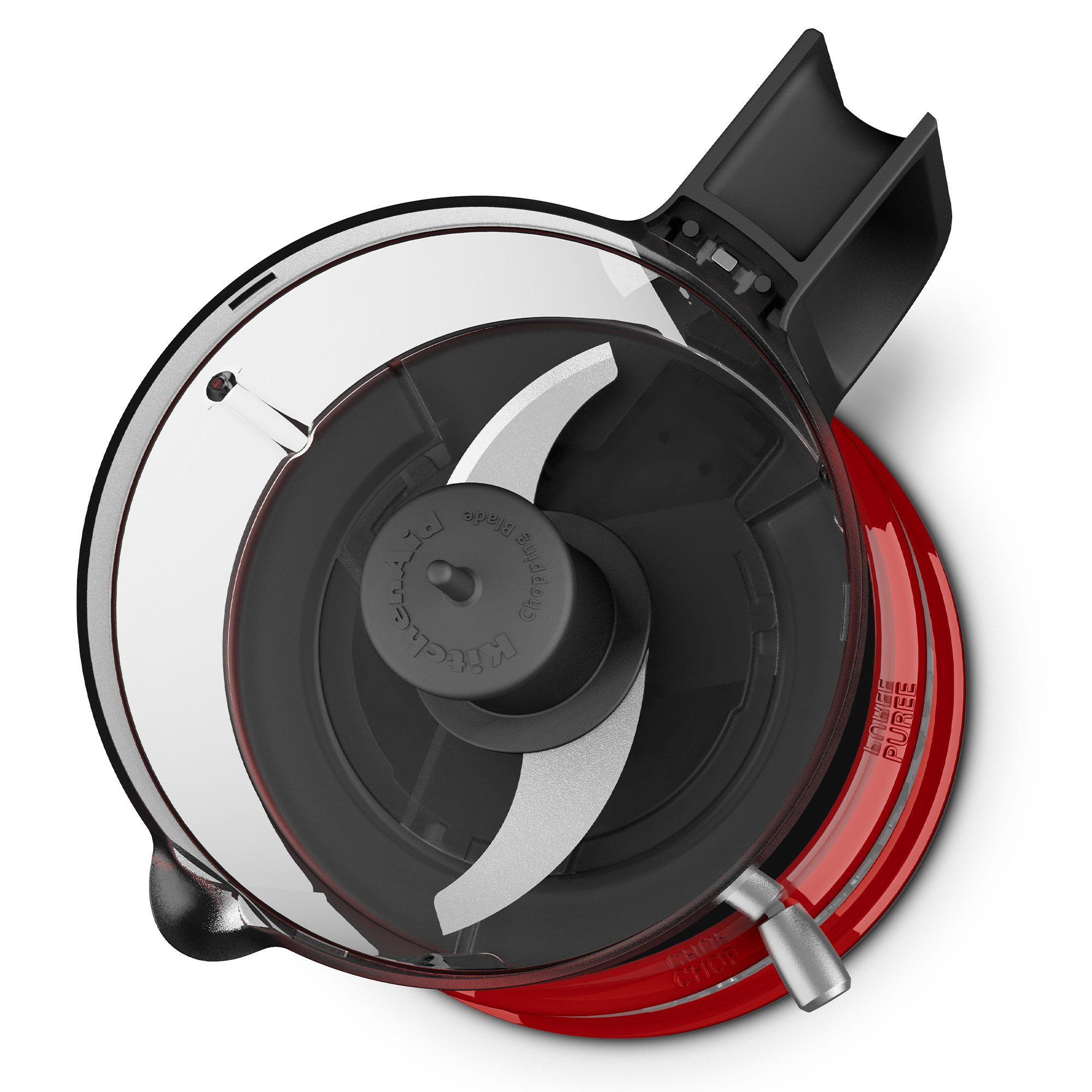 Rote Küchenmaschine mit transparentem Deckel, Metallschnitthäckselmesser und schwarzem Griff.