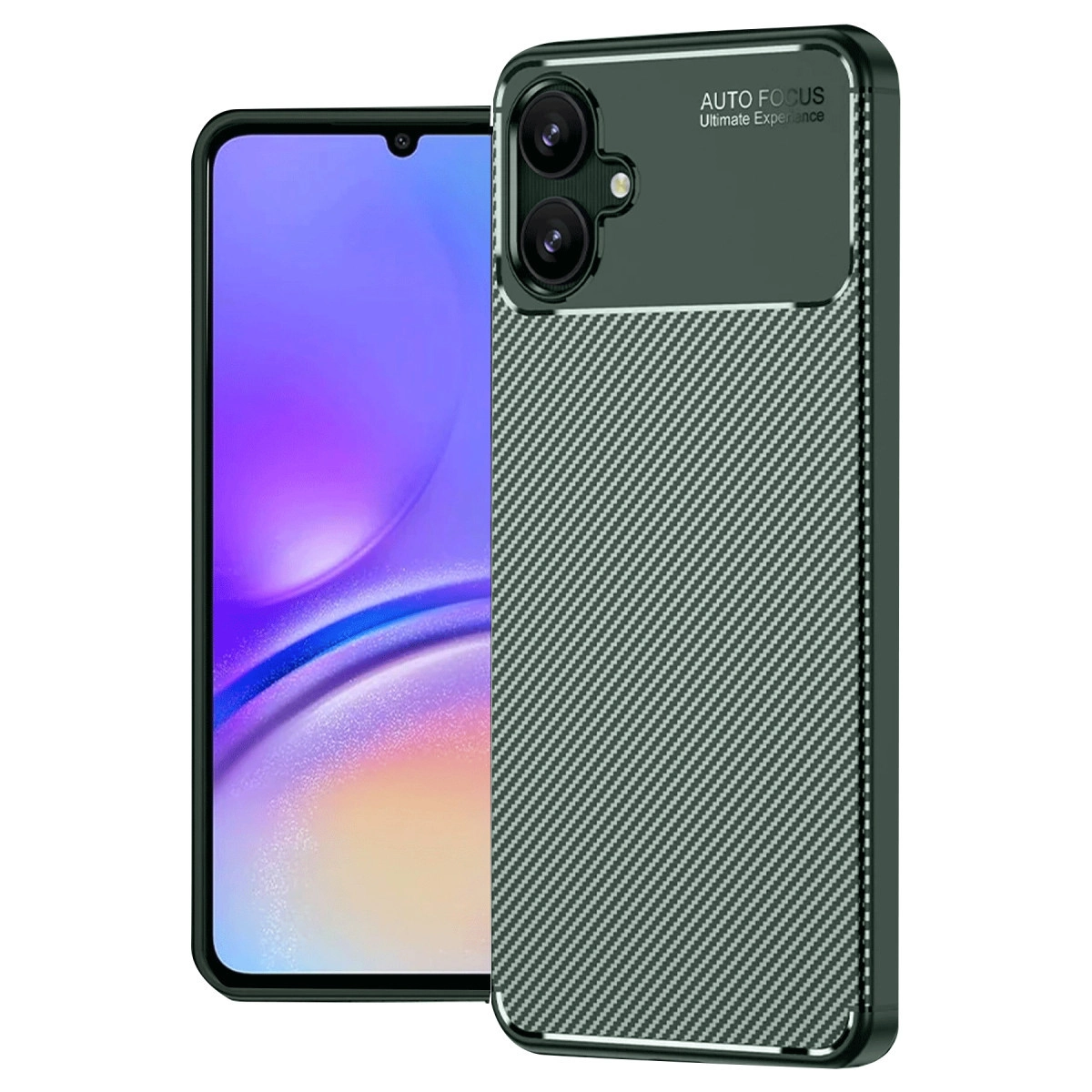 Karbon fiber dokulu koyu yeşil telefon kılıfı ve kamera lensleri.