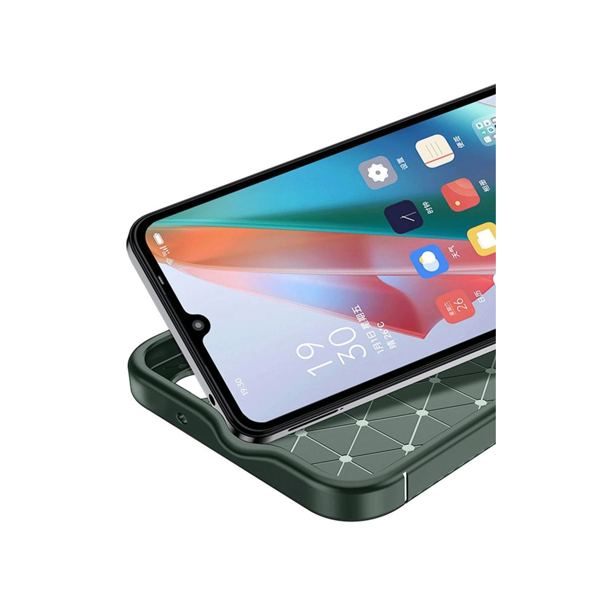 Uygulama simgeleri gösteren siyah akıllı telefon ekranlı koyu telefon kılıfı.