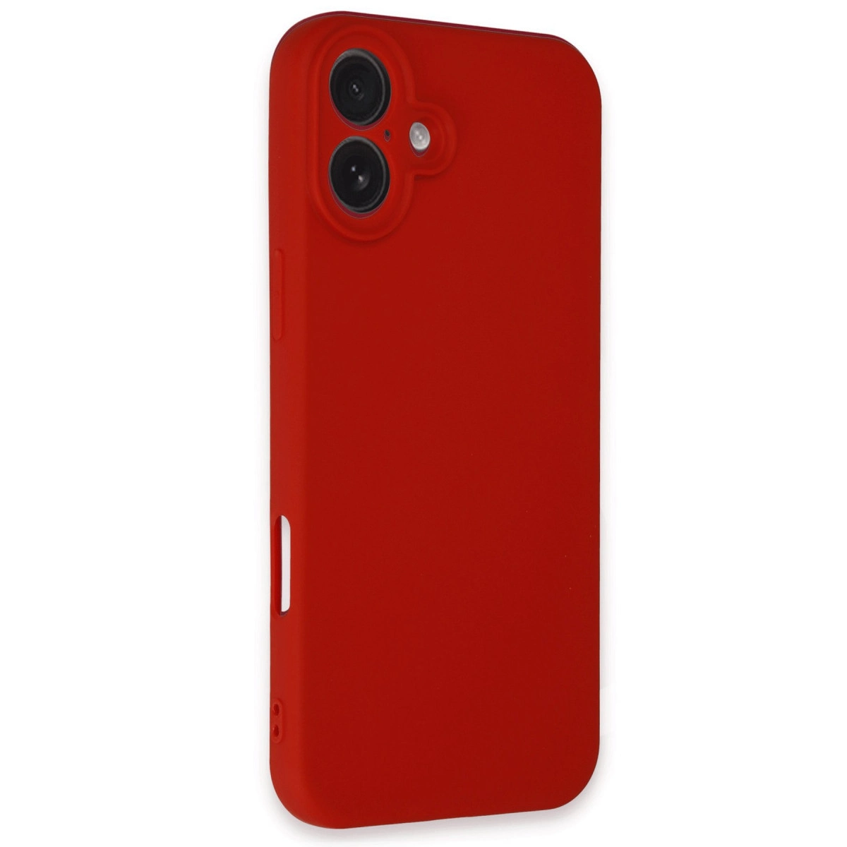 Kamera kesimli ve yan düğmeli kırmızı telefon kılıfı.