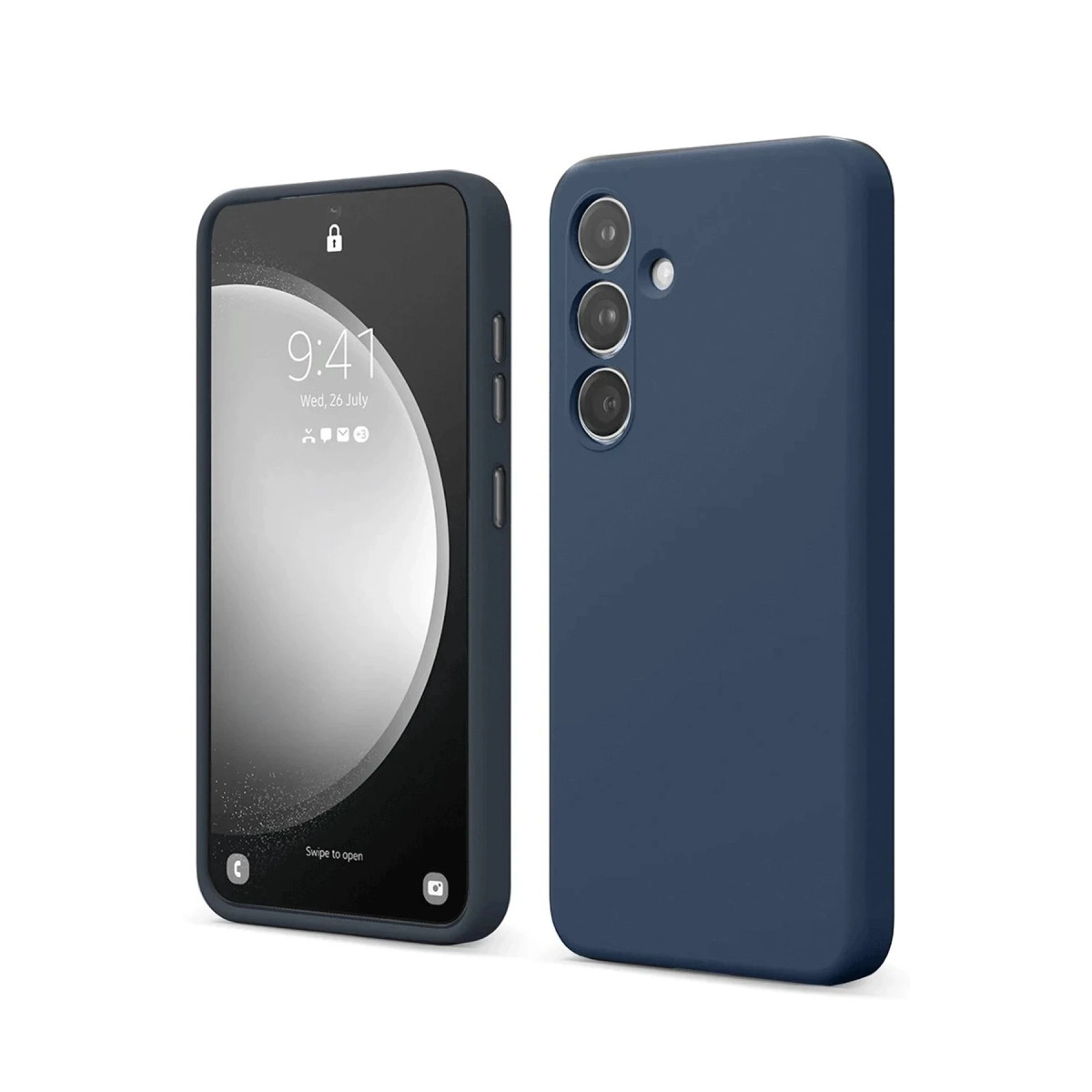 Koyu mavi telefon kılıfları, biri kilitli ekranlı iki telefon için.