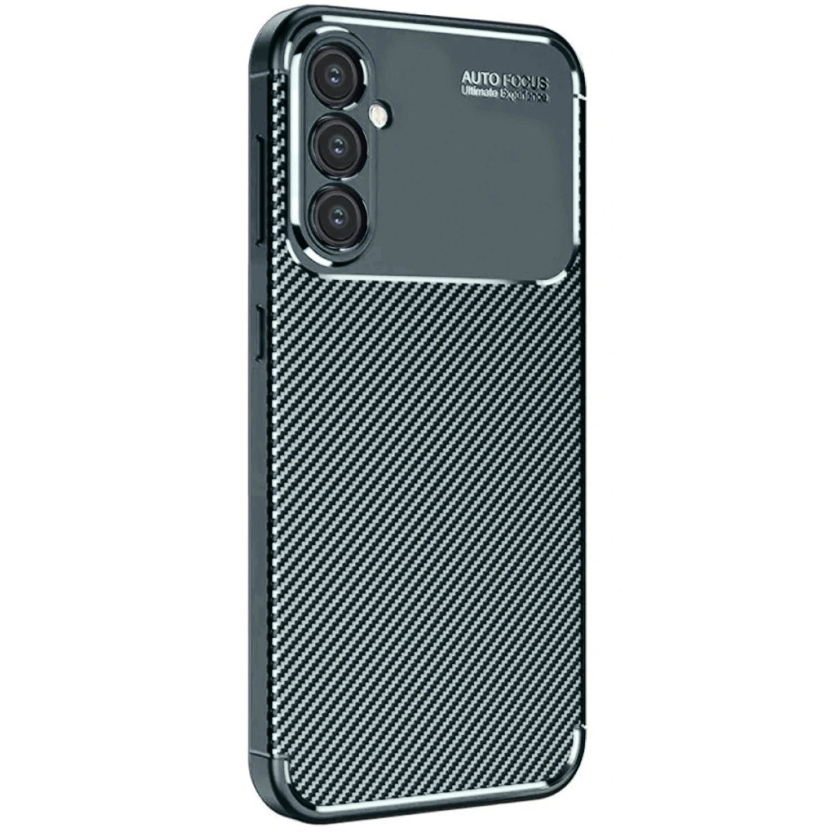 Karbon desenli, üçlü kamera açıklığına sahip siyah telefon kılıfı.