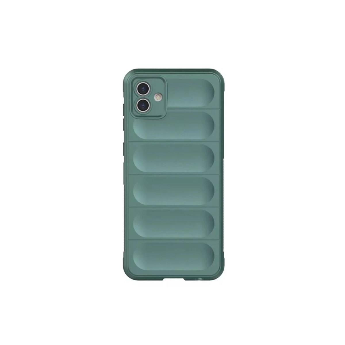 Yatay oluklu, üstte iki kamera lensli yeşil telefon kılıfı.
