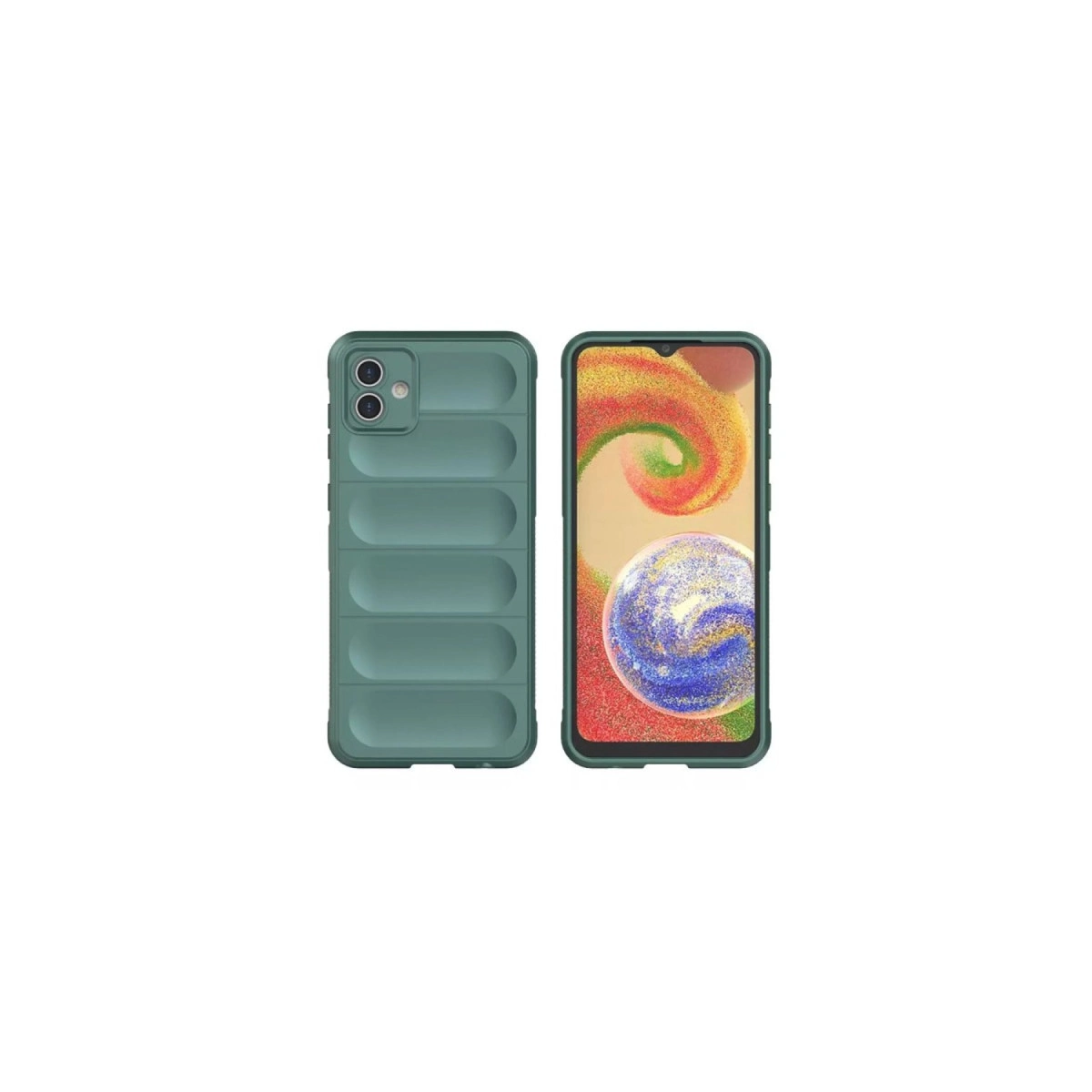 Yatay çıkıntılı yeşil telefon kılıfı ve renkli duvar kağıtlı akıllı telefon.