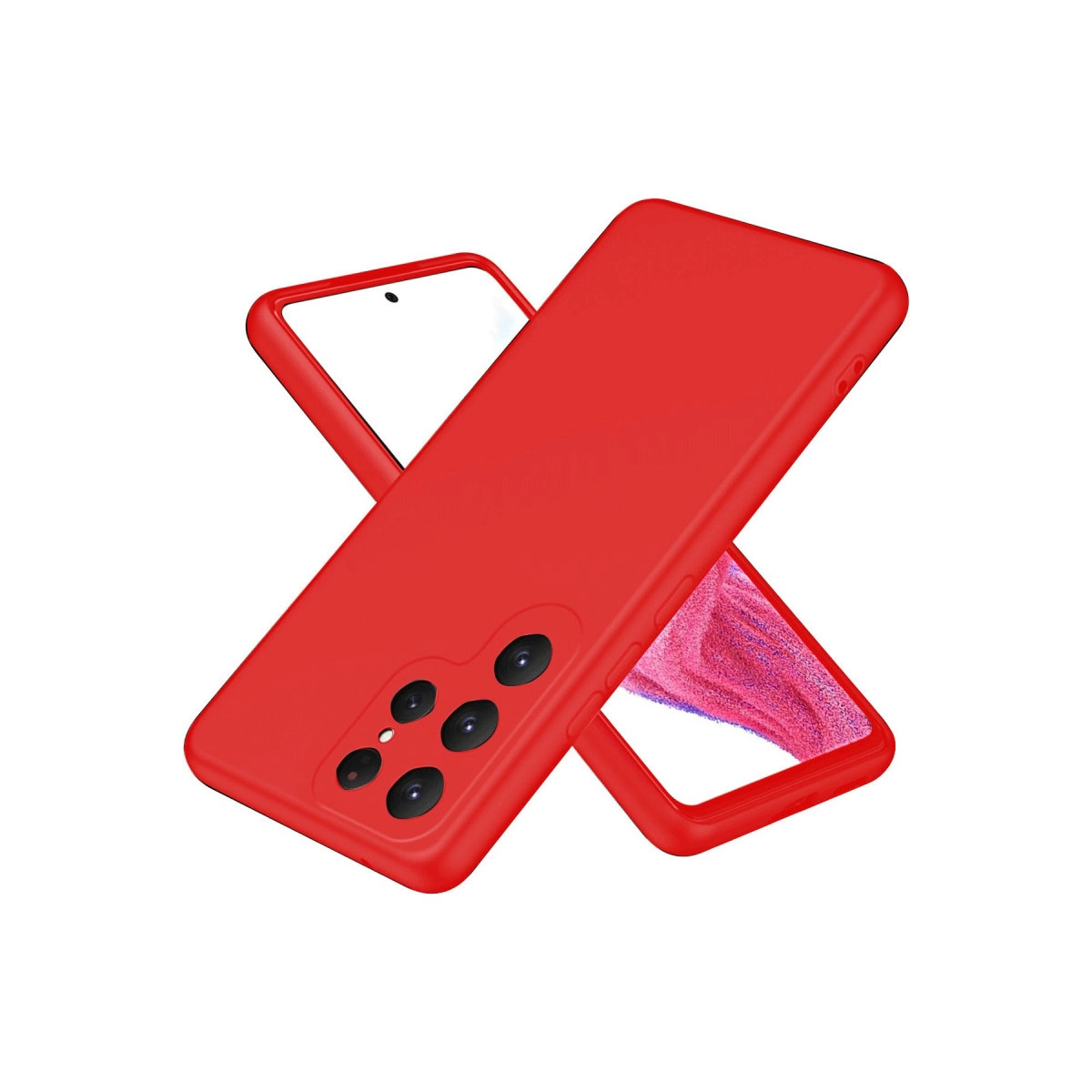 İki kırmızı telefon kılıfı, biri sırtüstü, biri yan yatırılmış.