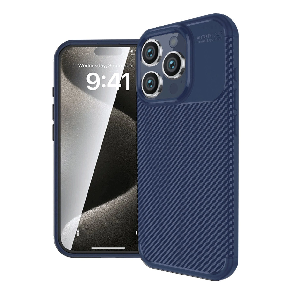Üç kameralı, karbon desenli kılıflı mavi bir telefon.