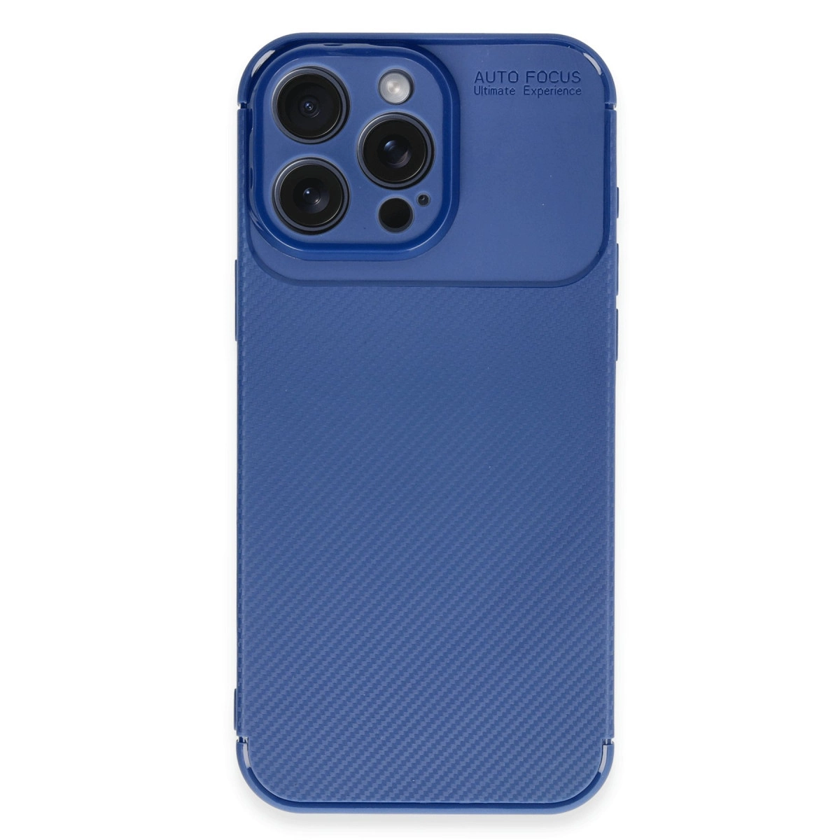 Karbon desenli ve kamera kesimli mavi telefon kılıfı.