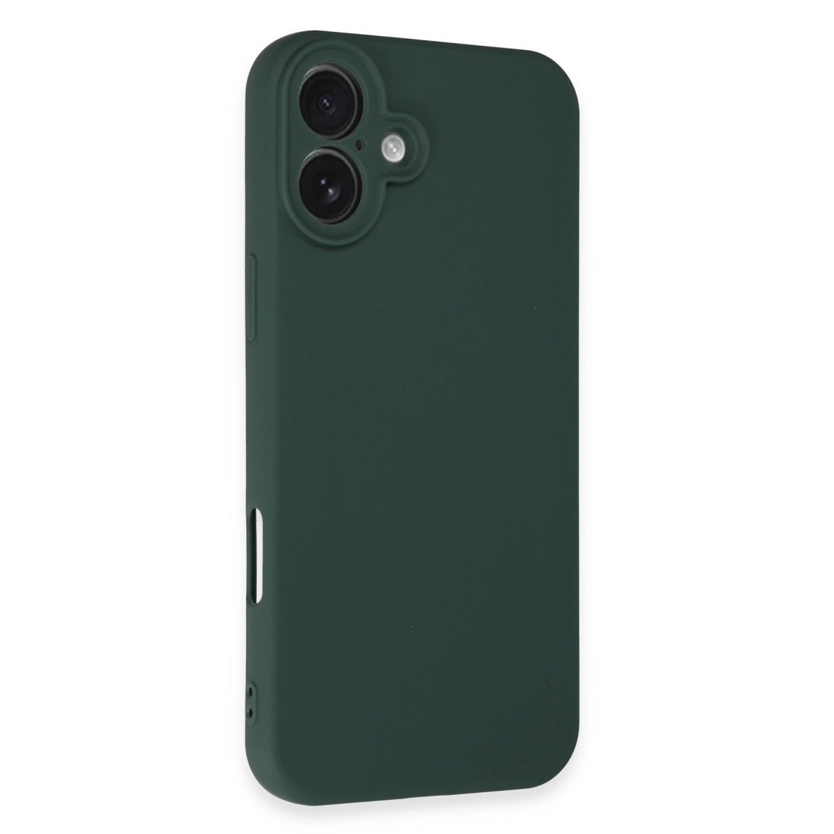 Kamera modülü ve flaşlı koyu yeşil telefon kılıfı.