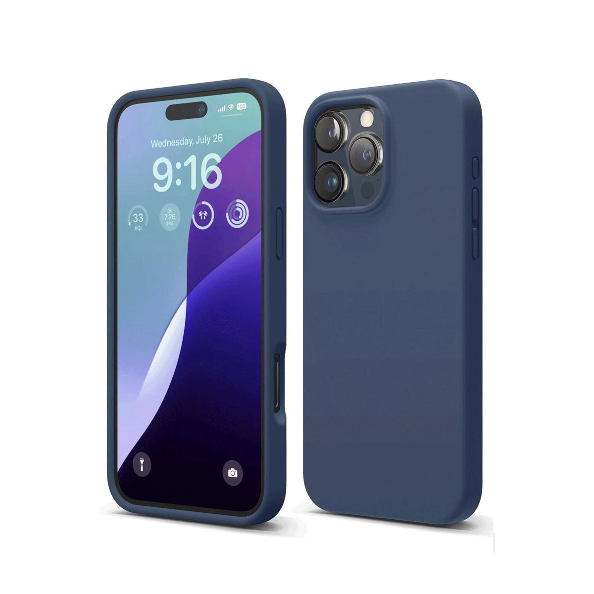 Beyaz arka plan üzerinde yan yana iki lacivert iPhone kılıfı. Solda ekran, sağda arka yüzü gösterilir.
