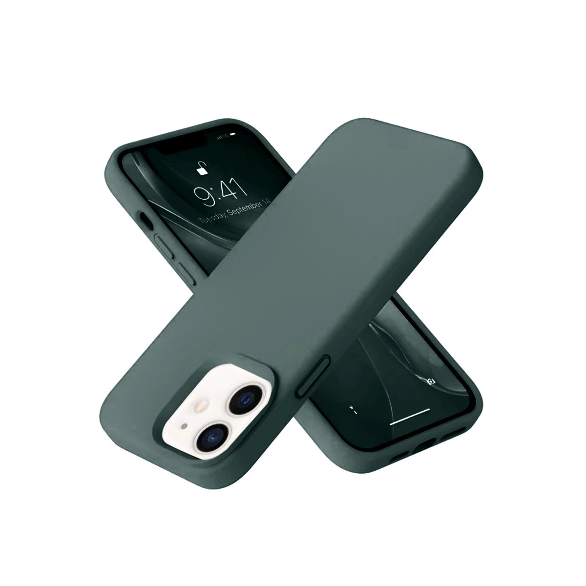 Beyaz arka plan üzerinde üst üste çaprazlanmış iki koyu gri telefon kılıfı.