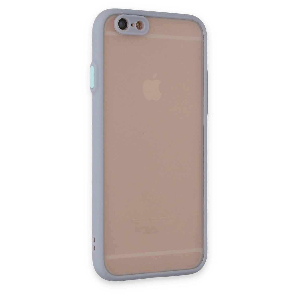 Şeffaf arka kapaklı ve Apple logolu açık gri iPhone kılıfı.