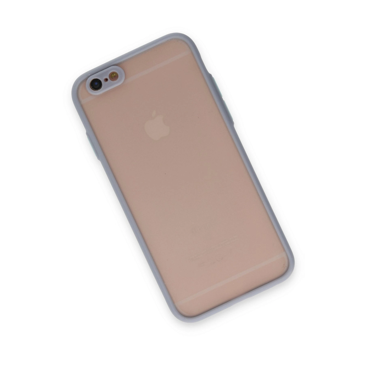 Şeffaf kılıflı, gri kenarlı, pembe altın rengi iPhone 6s, arkadan görünüm.
