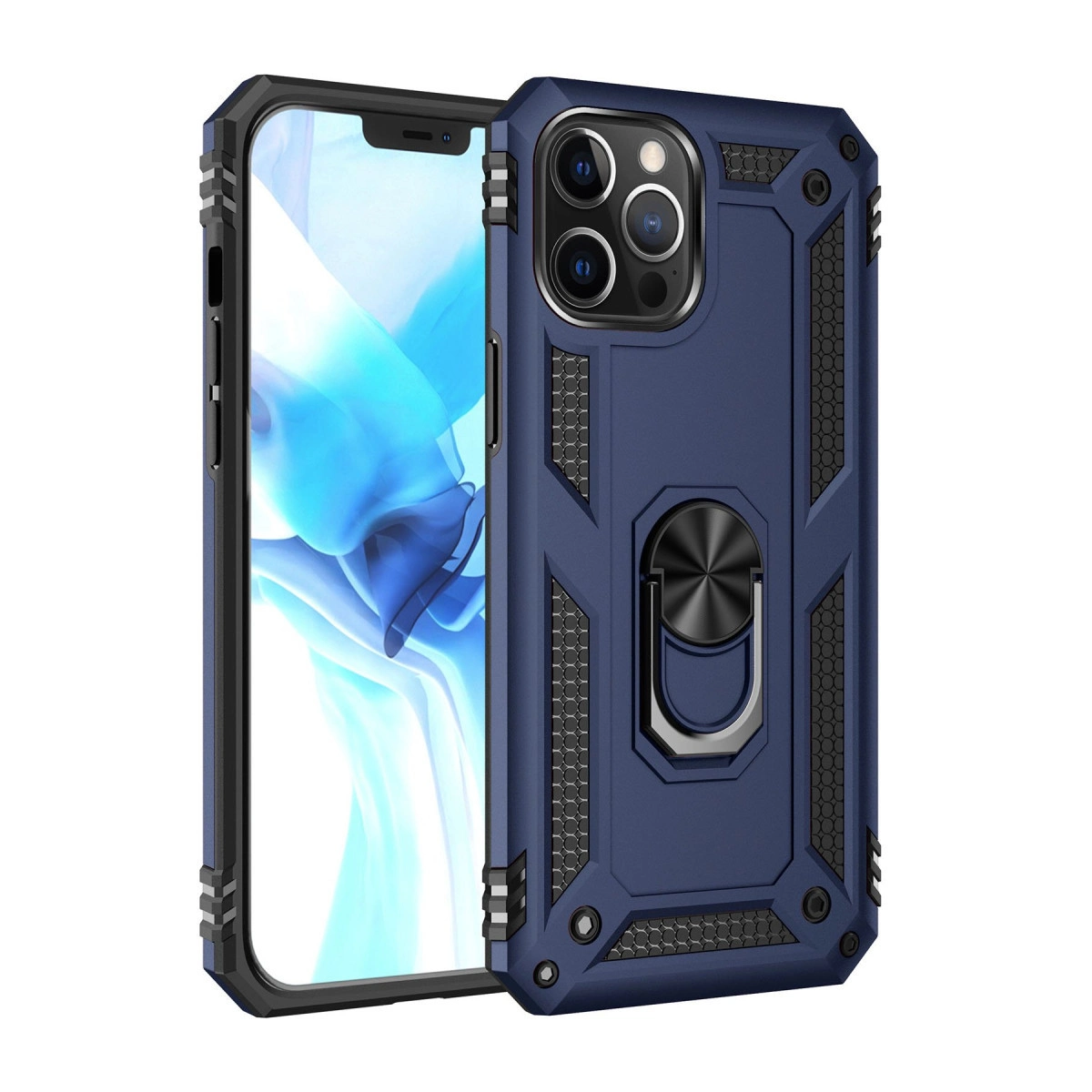 Sağlam kılıflı ve halka tutuculu koyu mavi telefon.