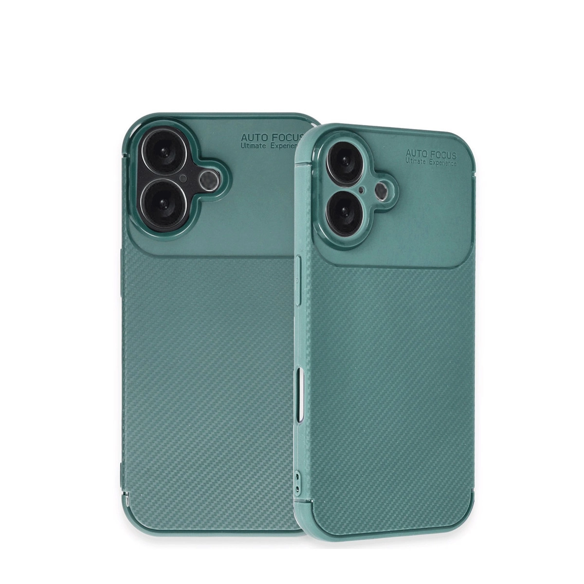 Kamera korumalı ve karbon desenli iki yeşil telefon kılıfı.