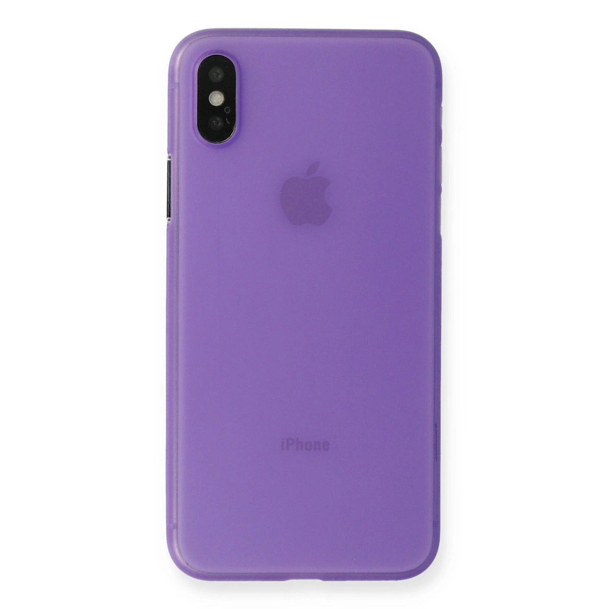 Apple logosu ve iPhone yazısı olan mor iPhone kılıfı.