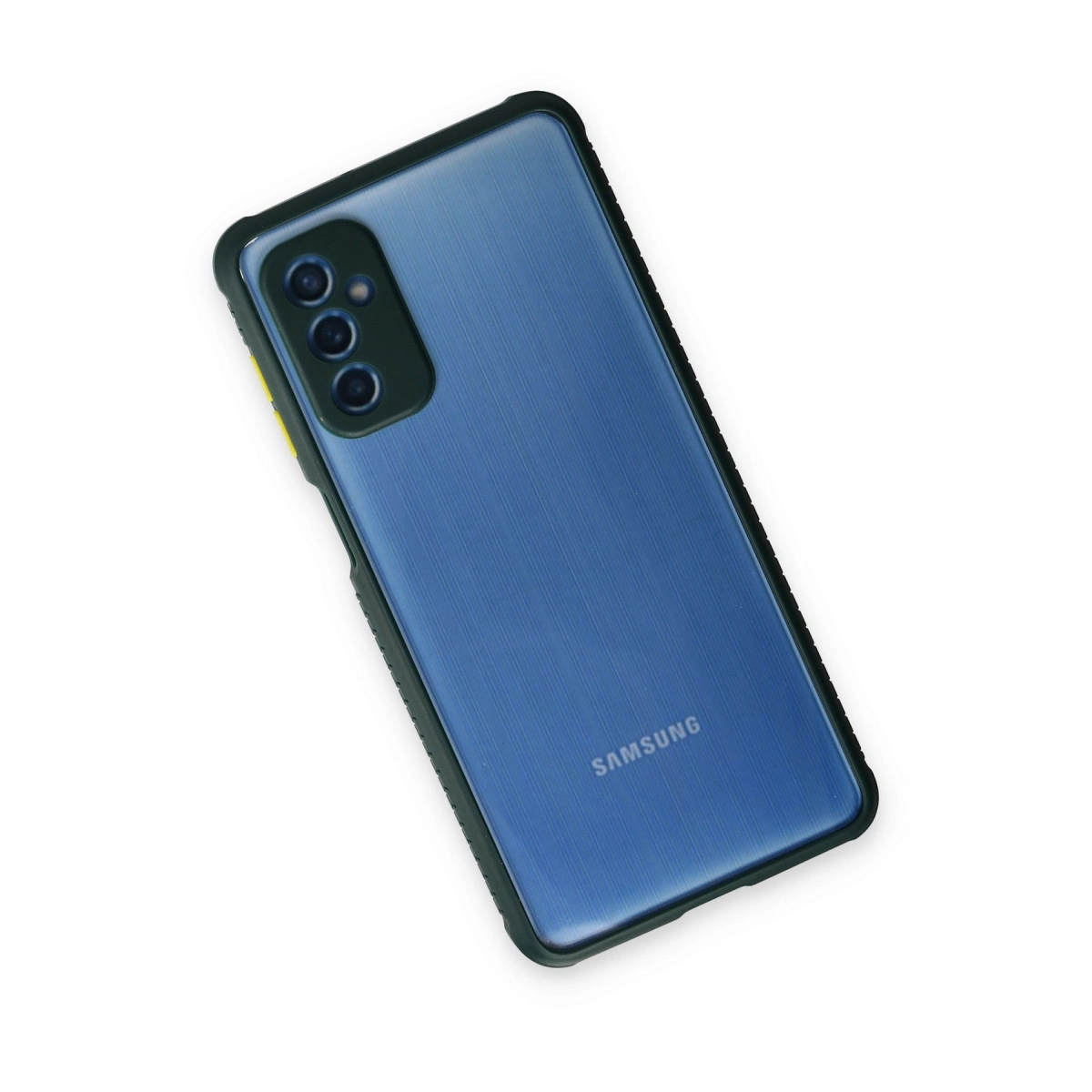 Siyah çerçeveli mavi Samsung telefon, arkada üç kamera, beyaz zeminde.
