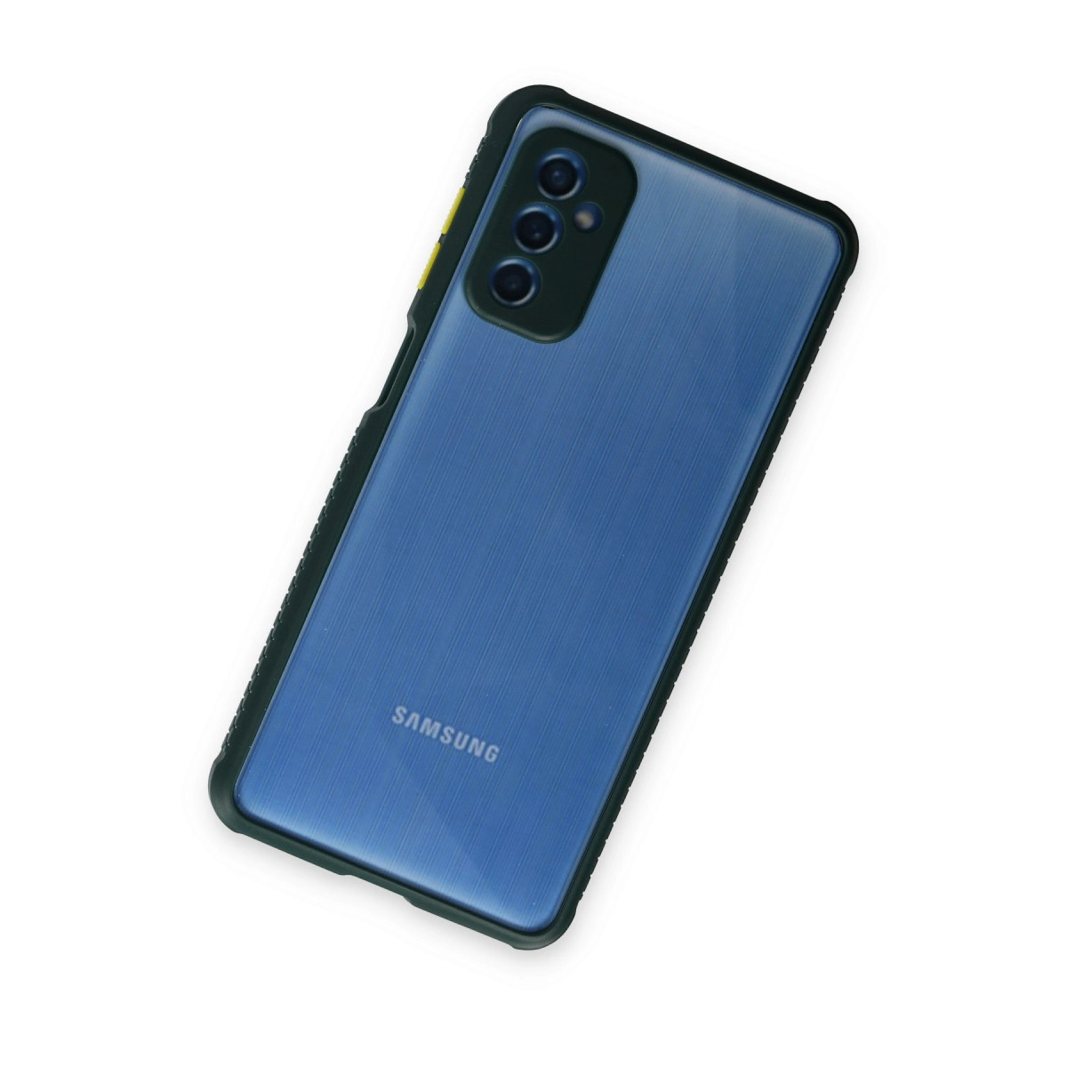 Kılıflı, üç kameralı mavi Samsung akıllı telefon.