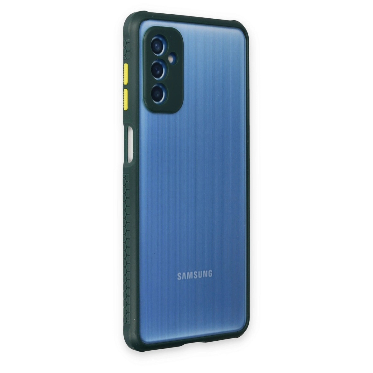 Üç kameralı, koyu kılıflı mavi bir Samsung telefon.