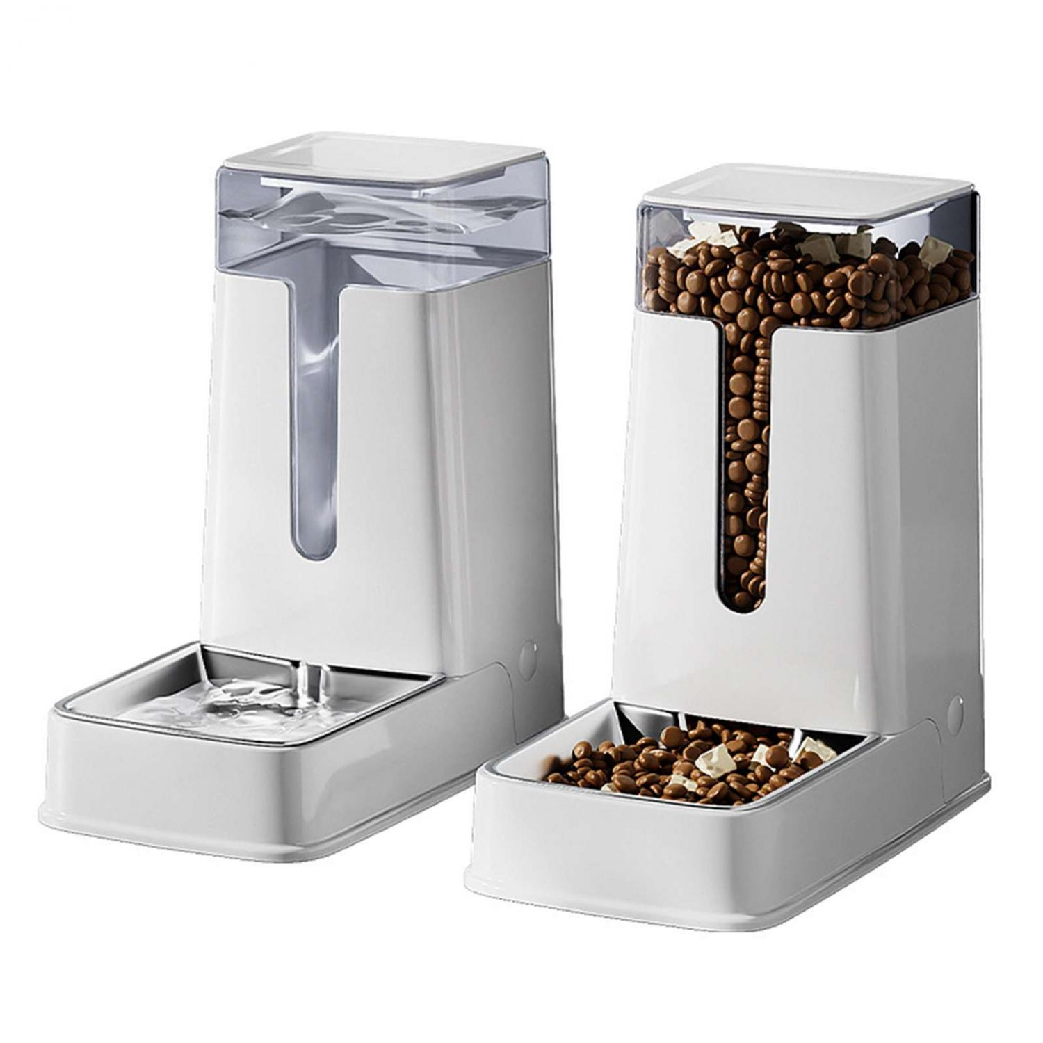 Zwei weiße automatische Haustierspender: einer für Wasser, einer für Futter.