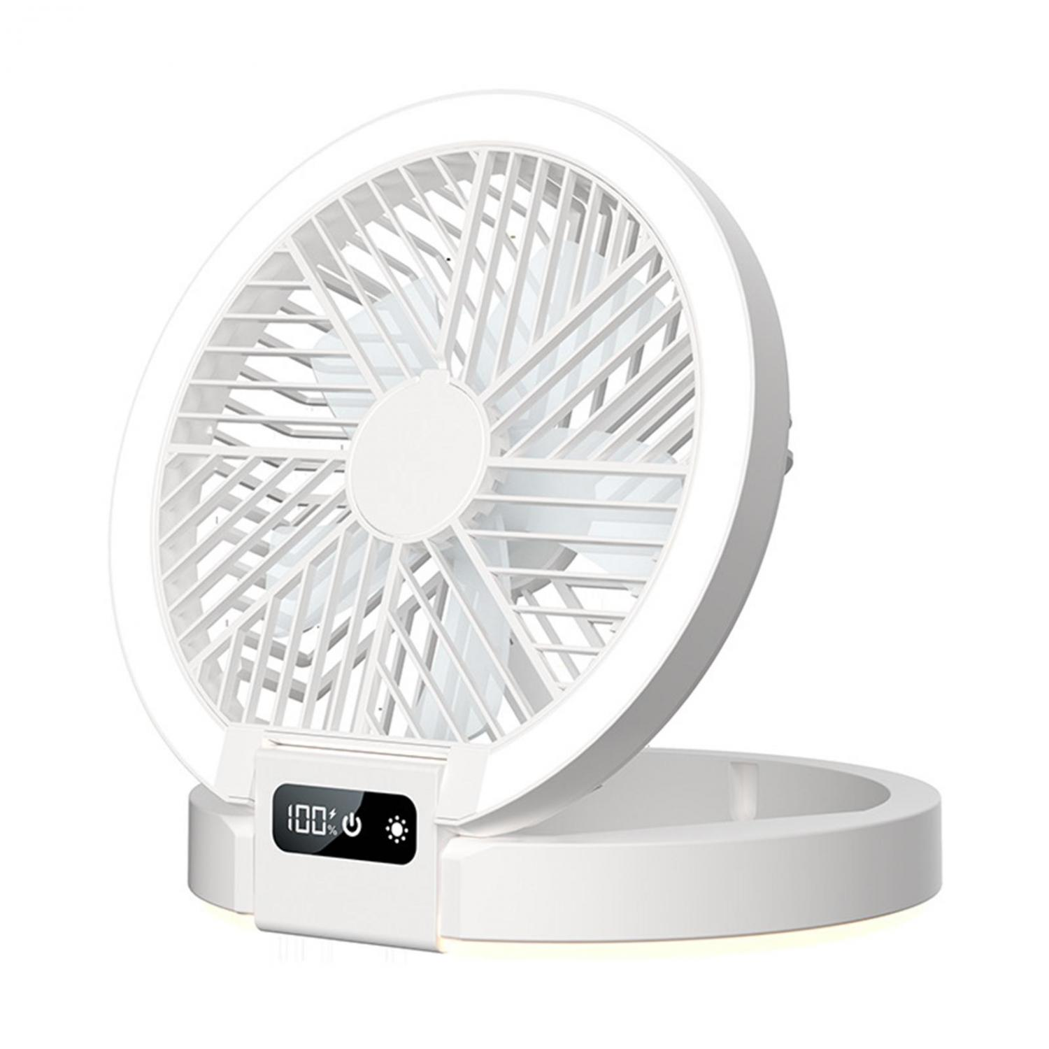 Ein weißer Ventilator mit LED-Beleuchtung und Digitalanzeige.