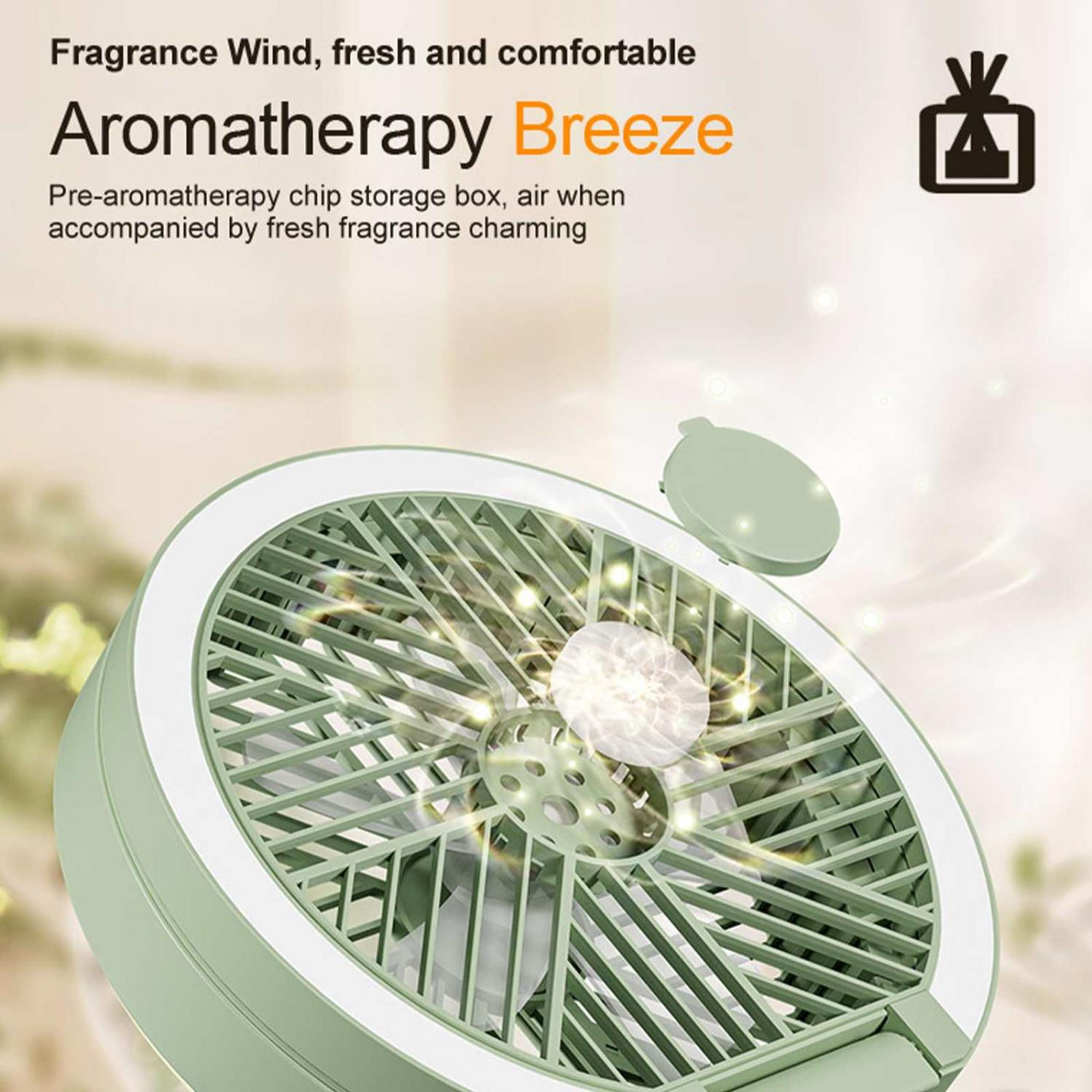 Ein grüner Ventilator mit Aromatherapie-Funktion und einem weißen Rand.