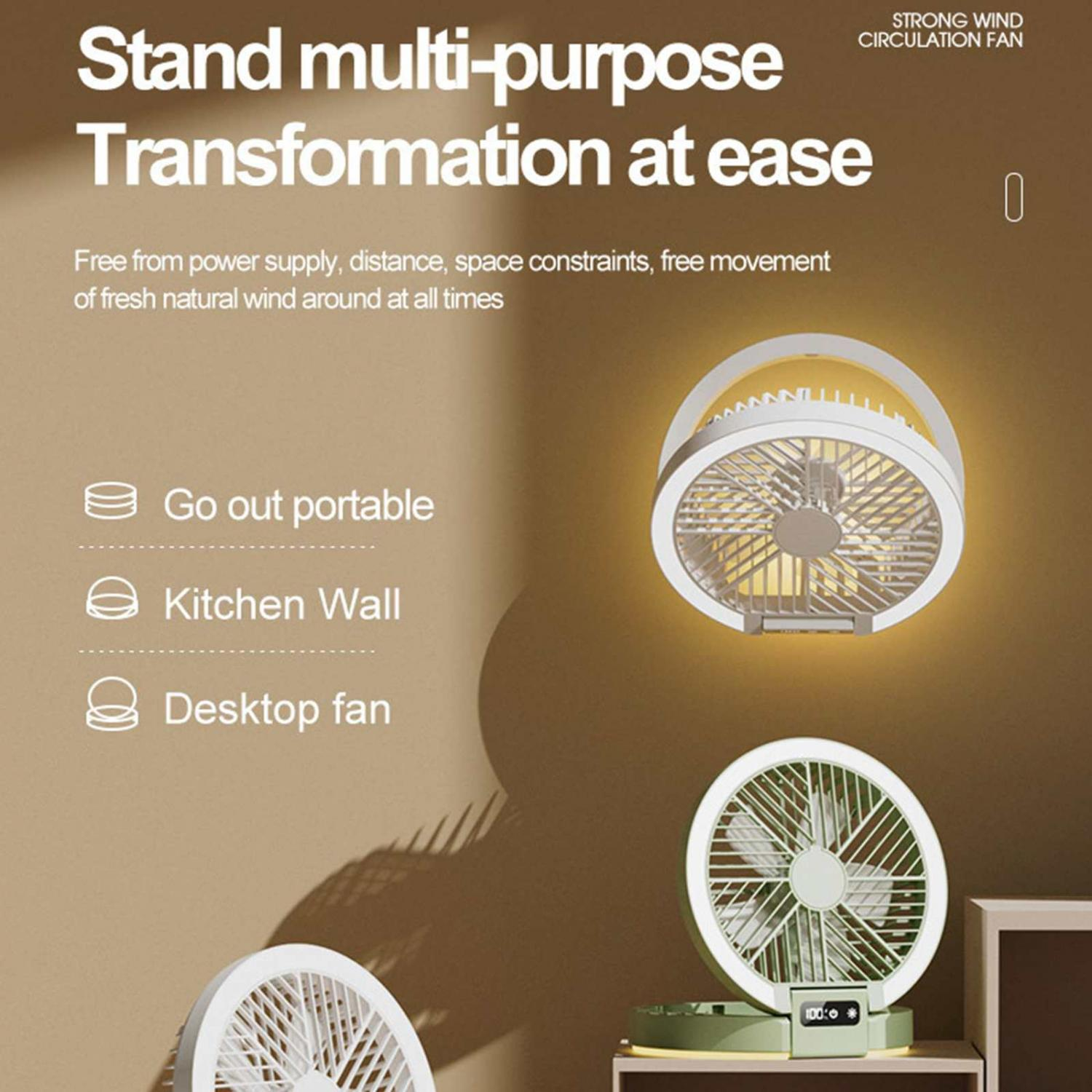 Ein tragbarer Ventilator wird als vielseitig für den Außeneinsatz, die Küche und den Schreibtisch beworben.