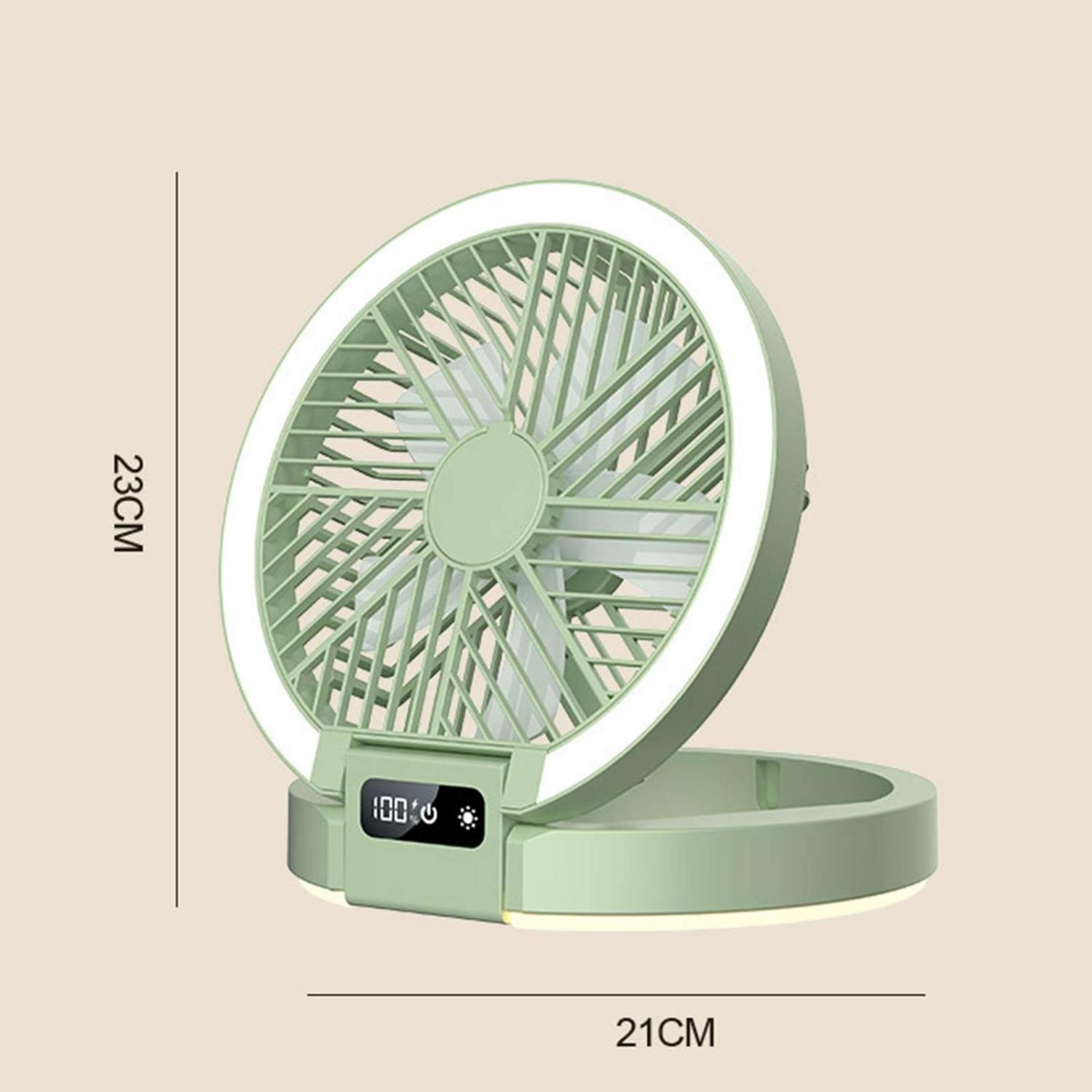 Ein grüner Ventilator mit LED-Ring und digitaler Anzeige.