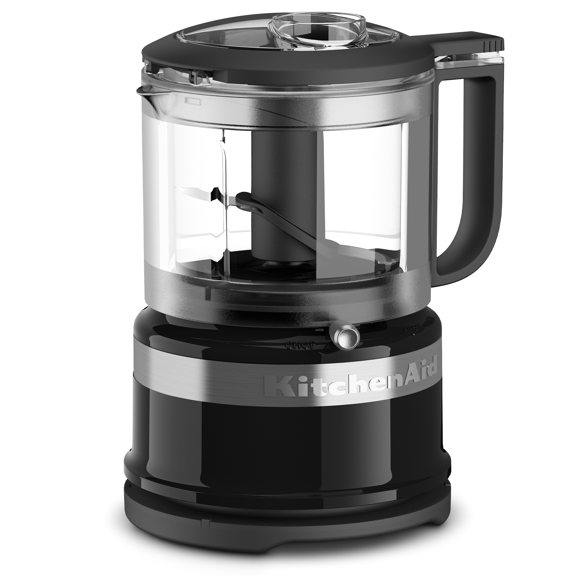 Şeffaf hazne ve gümüş bantlı siyah KitchenAid mutfak robotu.