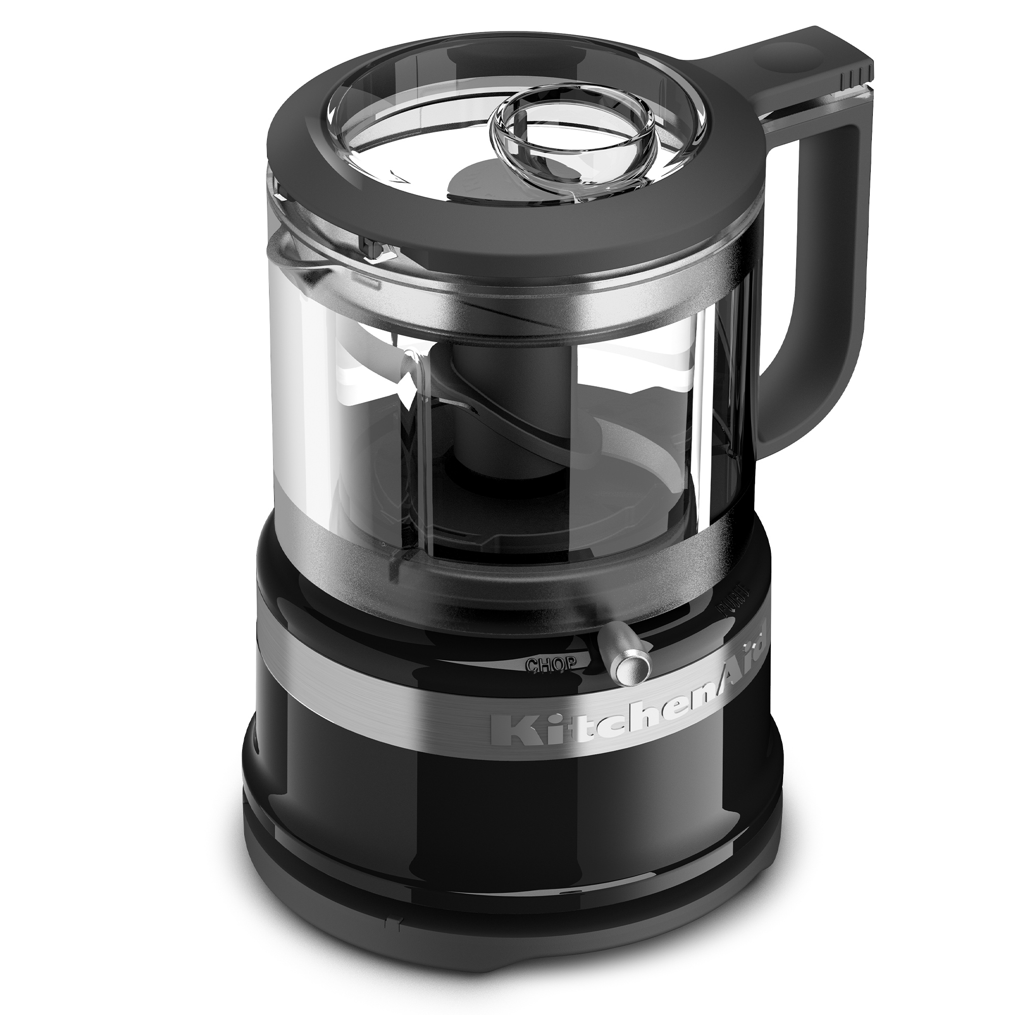 Şeffaf hazne ve gümüş saplı siyah KitchenAid doğrayıcı.