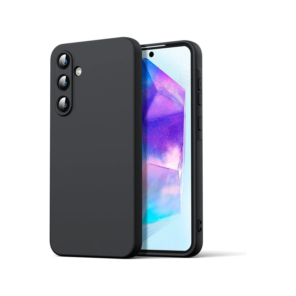 Arkada üç kamera lensi olan siyah telefon kılıfı, yanında bir akıllı telefon.