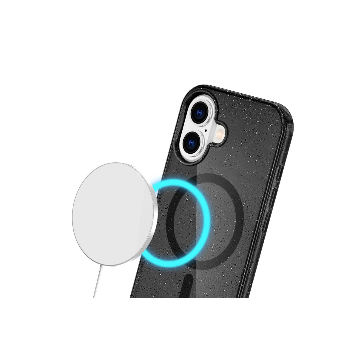 Mıknatıslı şarj cihazlı, siyah benekli telefon kılıfı.