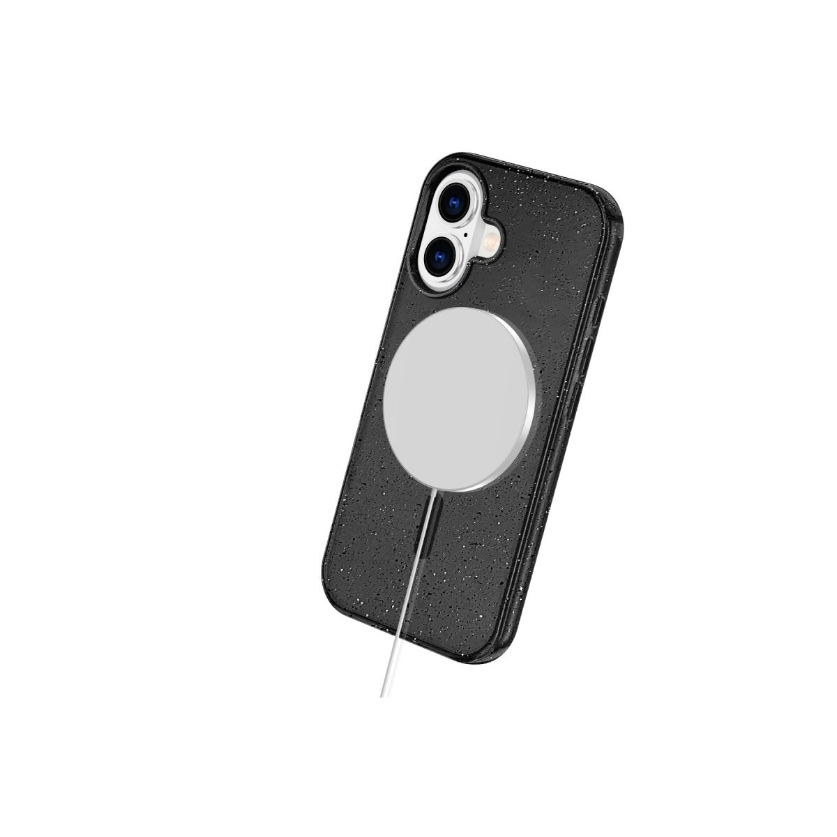 Yuvarlak şarj cihazı takılı siyah benekli telefon.
