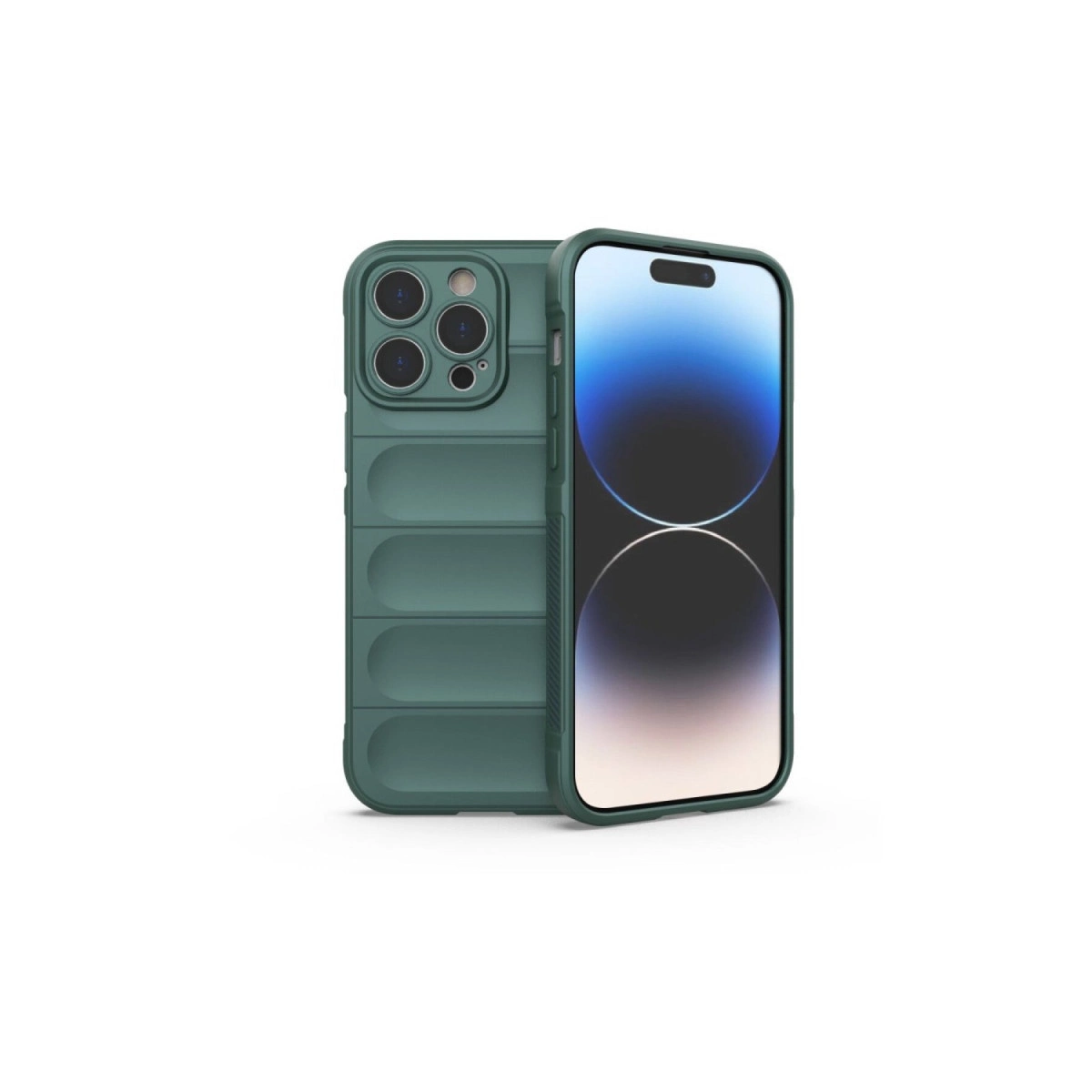 Yatay çıkıntılı yeşil telefon kılıfı ve yanında bir iPhone.