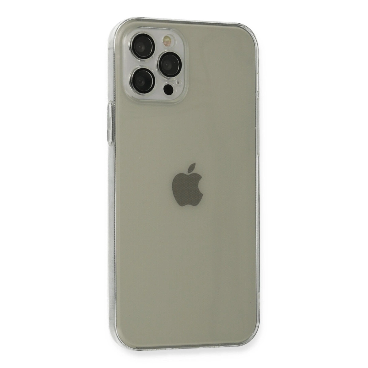 Arkada Apple logosu ve üç kamera lensi olan şeffaf iPhone kılıfı.