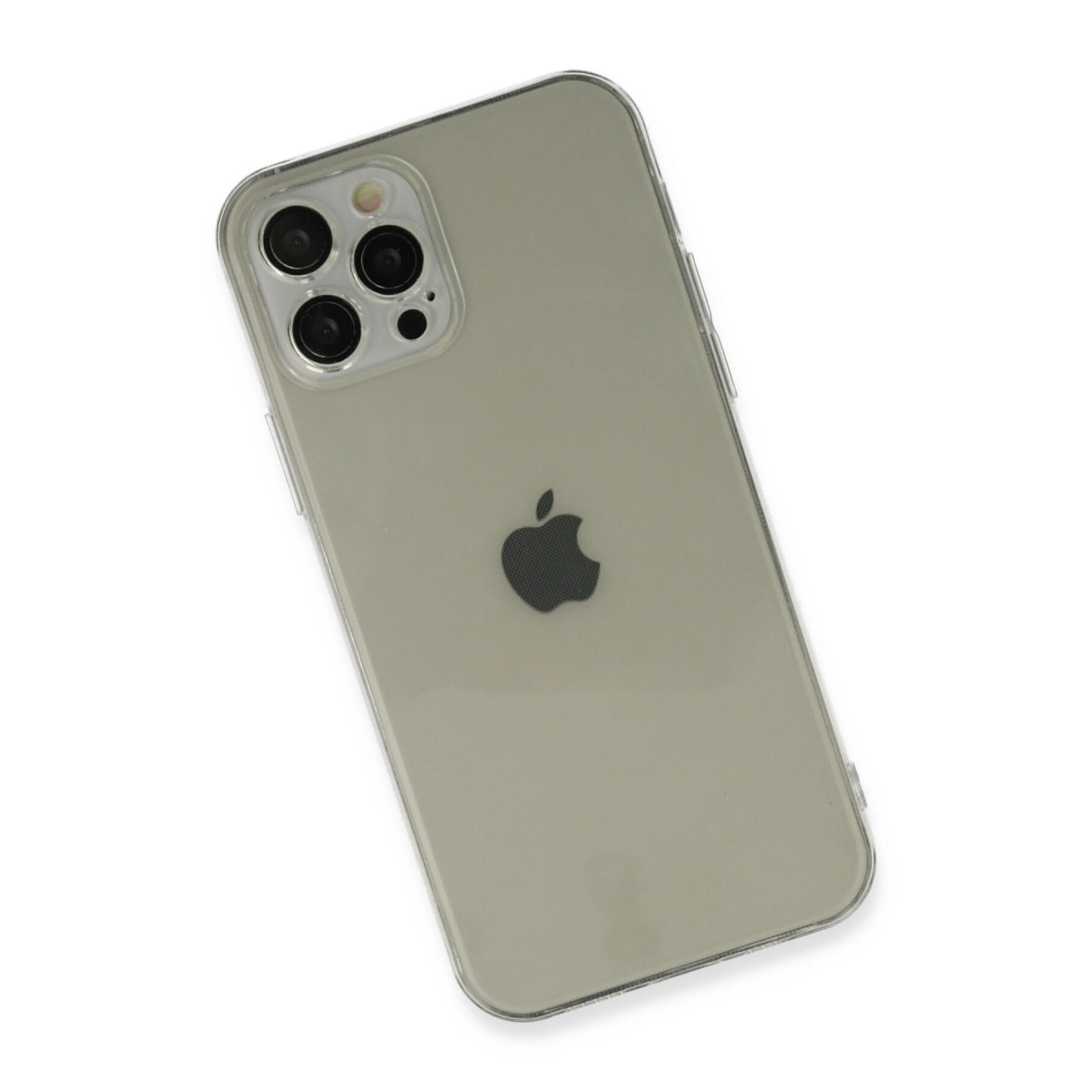 Apple logosu ve üçlü kamera düzeneğine sahip açık gri iPhone'un arkası.