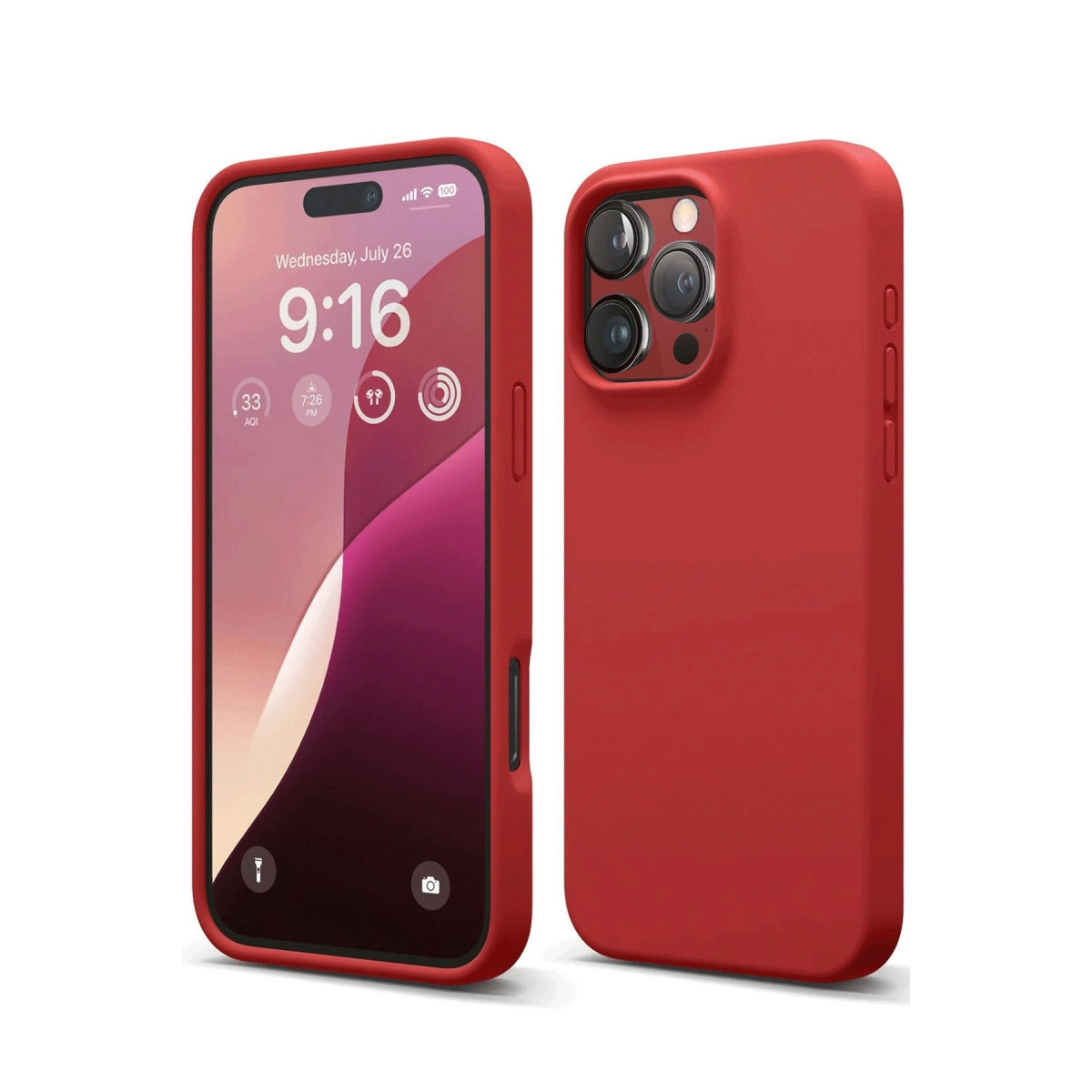 Kamera sistemli iki kırmızı iPhone kılıfı beyaz zeminde.