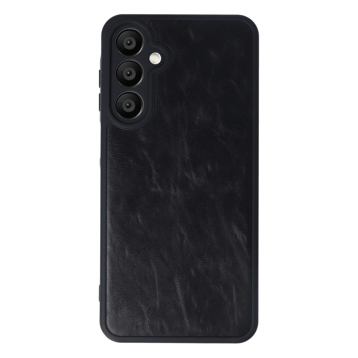 Üç kamera lensi ve flaşlı siyah telefon kılıfı.