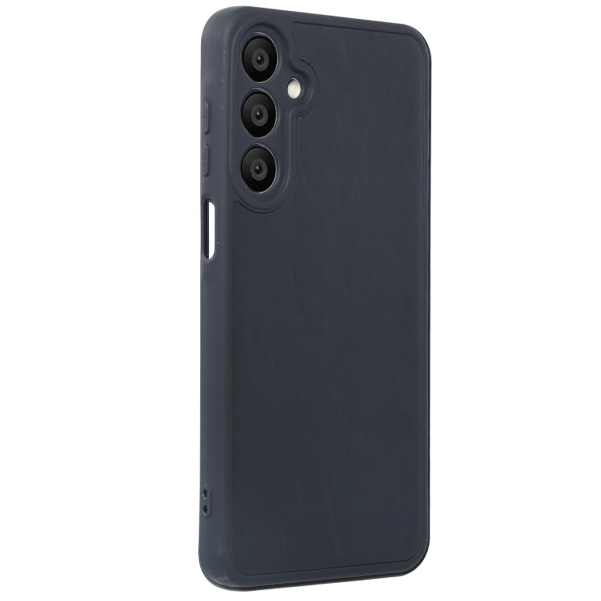 Üç kamera lensli ve flaşlı koyu mavi telefon kılıfı.