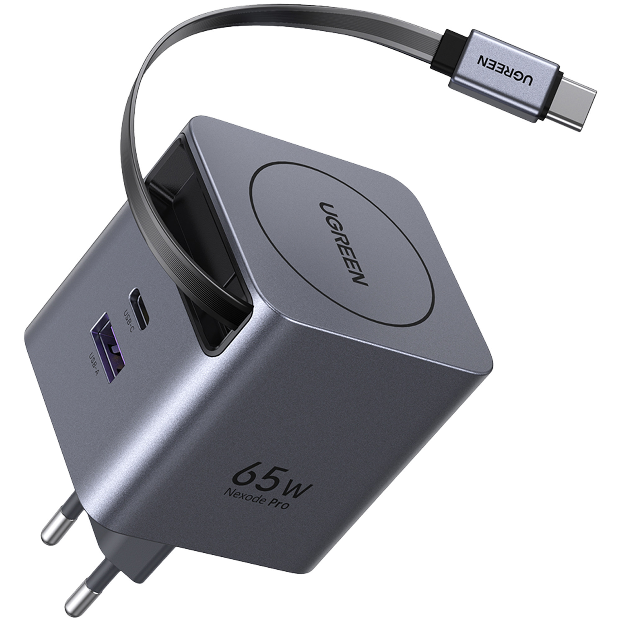 Szara ładowarka USB-C 65W z portami USB-A i USB-C.