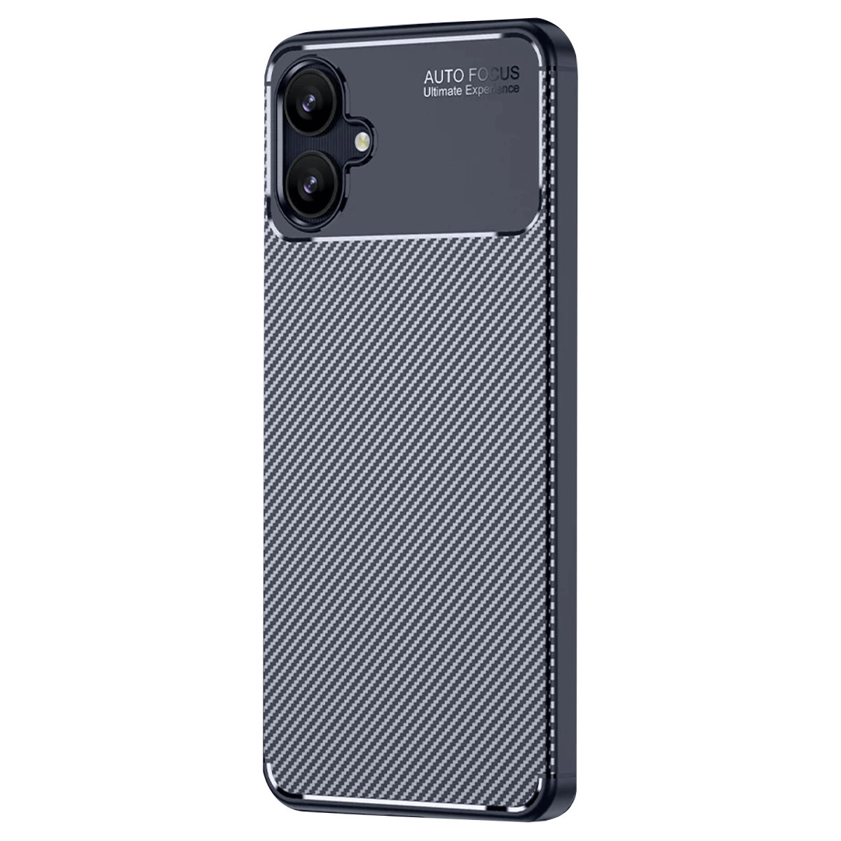Karbon fiber dokulu, iki lensli koyu gri telefon kılıfı.