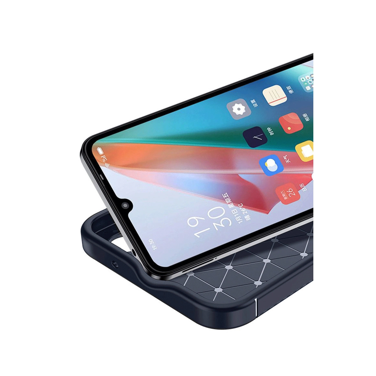 Geometrik desenli koyu renk telefon kılıfı, renkli duvar kağıtlı bir akıllı telefon tutuyor.
