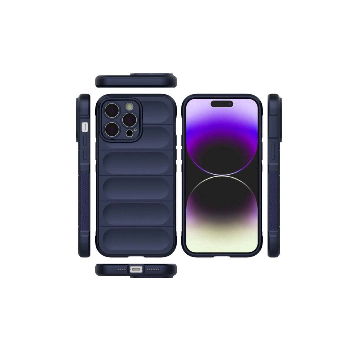 Kapitone desenli, koyu mavi iPhone kılıfının birden fazla görünümü, içinde telefon var.