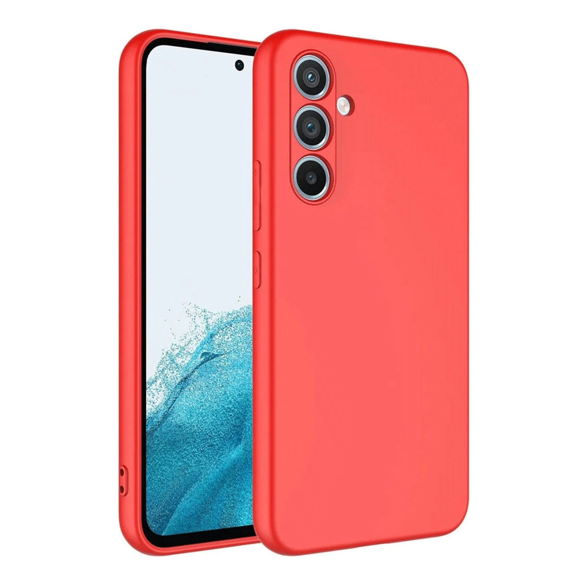 Üçlü arka kameraya ve görünür telefon ekranına sahip kırmızı telefon kılıfı.