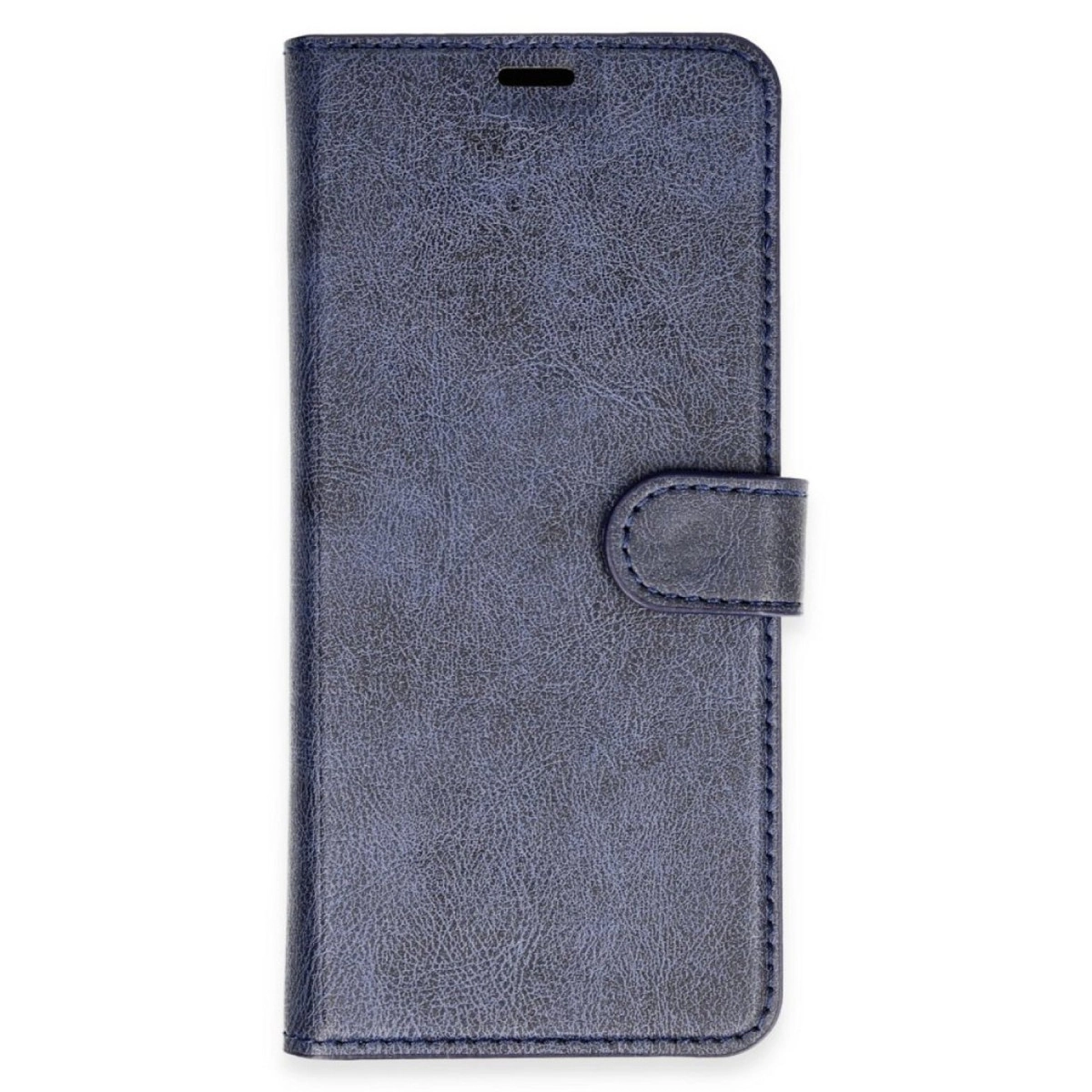 Düğmeli koyu mavi deri telefon kılıfı.