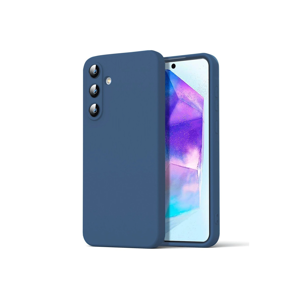 Üç kamera lensli mavi telefon kılıfı ve renkli arka planlı akıllı telefon.