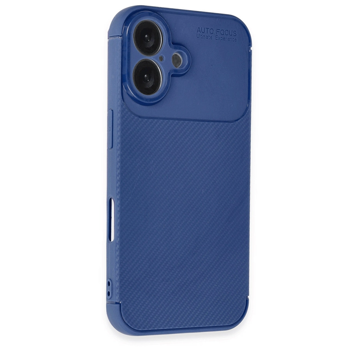 İki kamera lensli, karbon fiber dokulu lacivert telefon kılıfı.