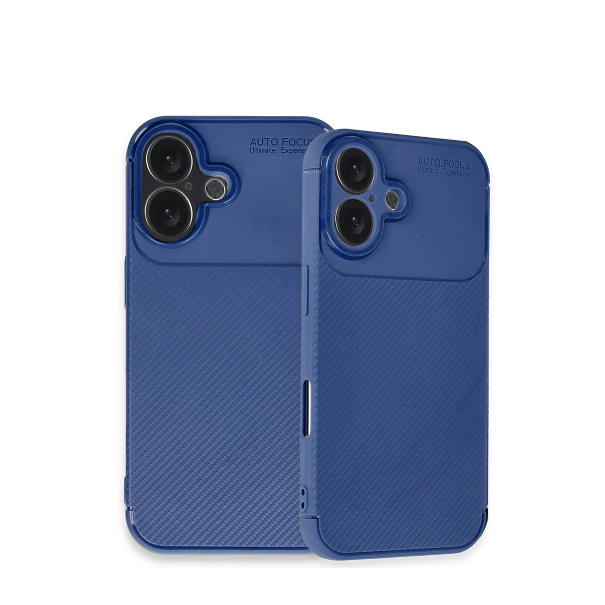 Yan yana beyaz zeminde kamera oyuntulu iki mavi telefon kılıfı.